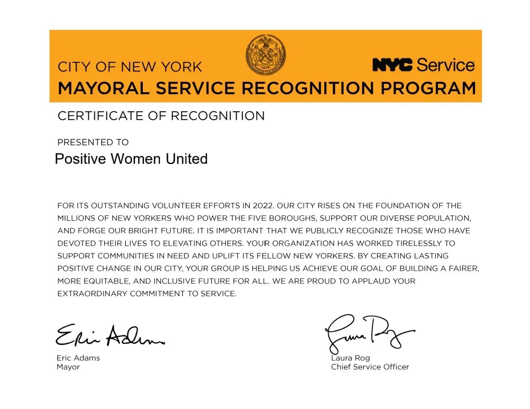 City Of New York Mayoral Recognition Presented To Positive Women United 