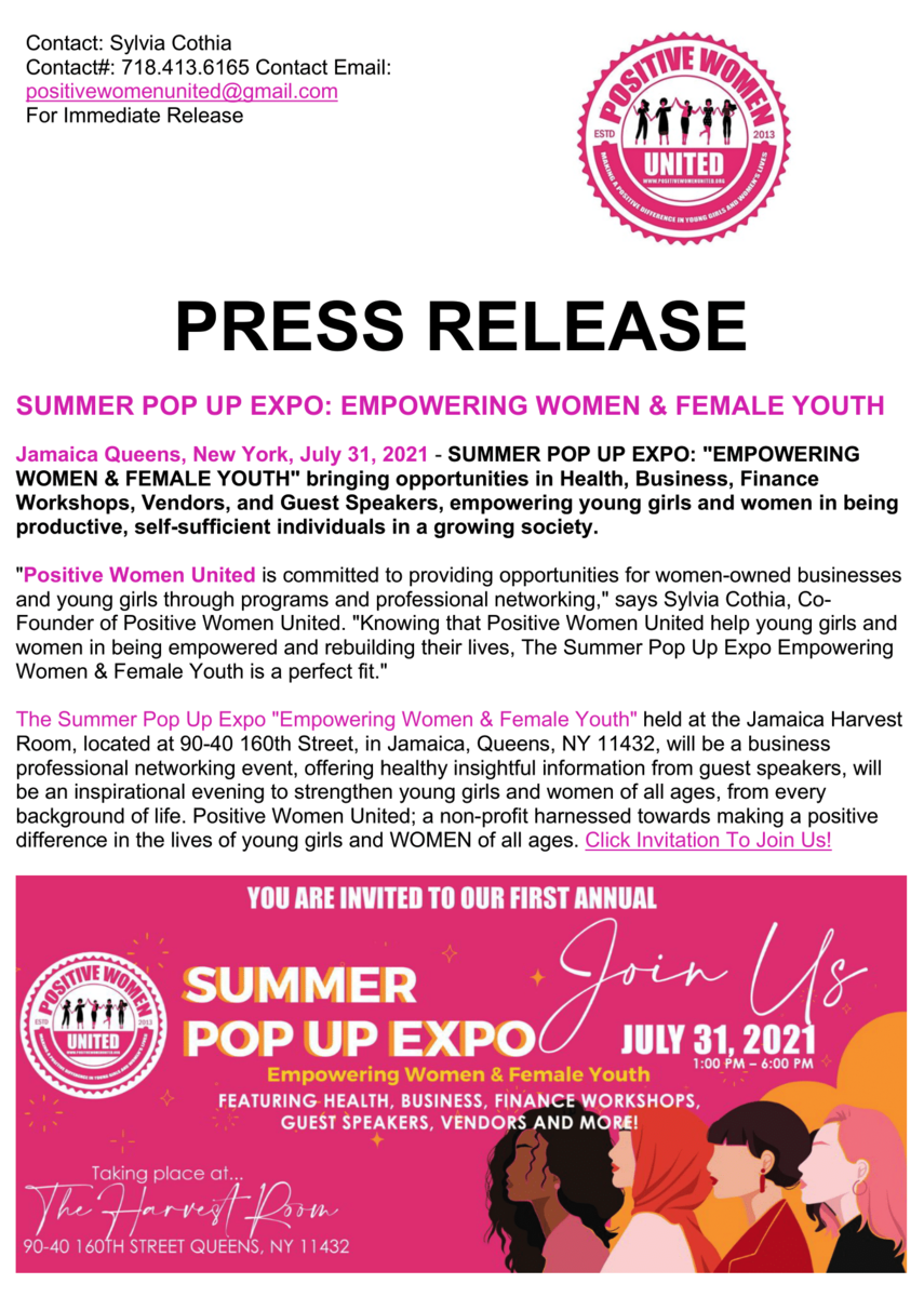PRESS RELEASE - SUMMER POP UP EXPO: EMPOWERING WOMEN & FEMALE YOUTH